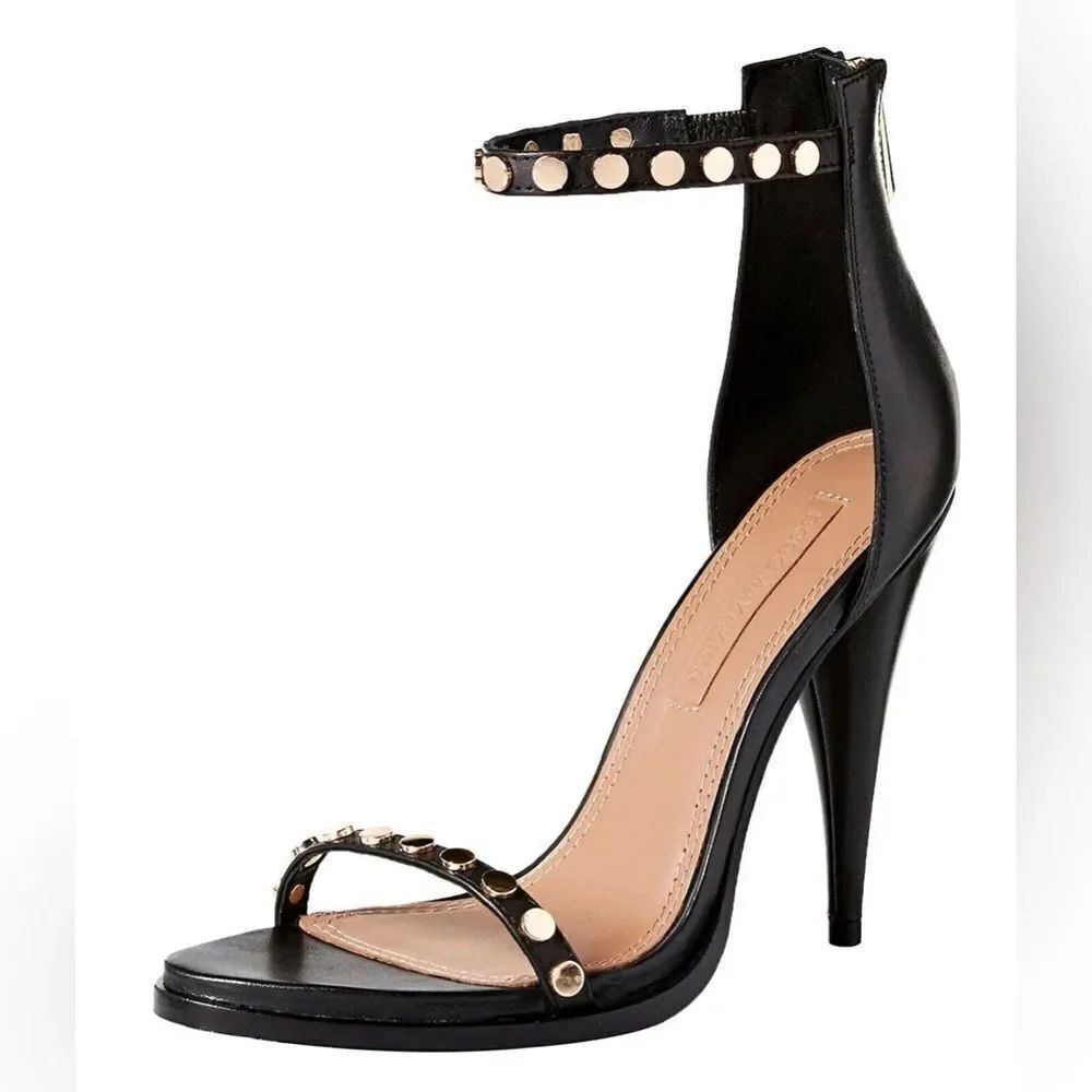 BCBG Max Azria ankle wrap stilettos, open toe Black Studded Heels EUC SZ 8.5